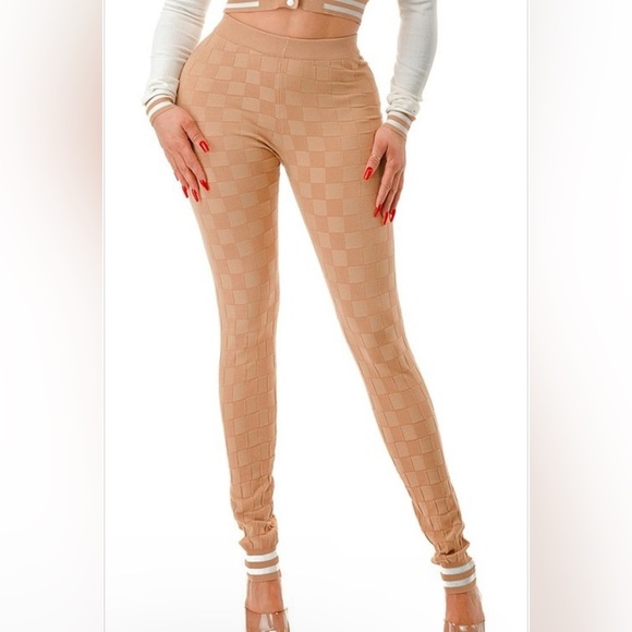 Khaki Two Piece Knit Varsity Stye Jacket Top High Waisted Knit Leggings Joggers - Picture 4 of 13